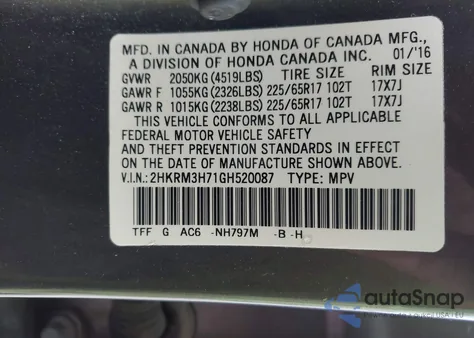 2016 Honda Cr-V Ex-L from USA, damaged, VIN 2HKRM3H71GH520087